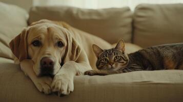 Cozy shot of a Labrador retriever and tabby cat resting peacefully together on abeige sofa photo