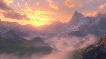 Awe-inspiring view of a mountain range at sunrise with layers of mist and warm golden hues photo