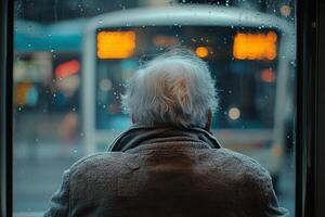 Back view Elderly man standing by a bus stop on a cold day city photo