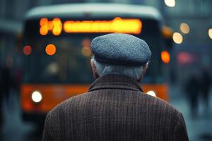 Back view of an Elderly man standing by a bus stop on a cold winter day with frosted city surroundings photo