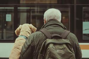 Elderly man accompanied by a guide dog emotional support waiting by the city bus stop in autumn photo