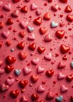 Playful heart patterned background featuring red and pink candy hearts on a textured surface photo
