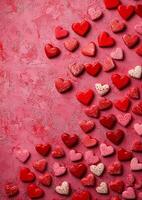 Playful heart-patterned background featuring red and pink candy hearts on a textured surface with copy space photo
