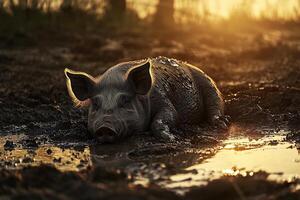Serene view of a pig lying in muddy surroundings at sunset emphasizing relaxation and rural life photo