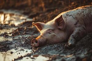 Serene view of a tired pig lying in muddy surroundings at sunset emphasizing relaxation and rural life photo