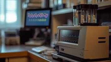 High tech laboratory equipment with glowing DNA sequencing visualization in futuristic research environment photo