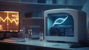 Desktop 3D DNA printer in scientific research lab with glowing DNA sequence visualization photo