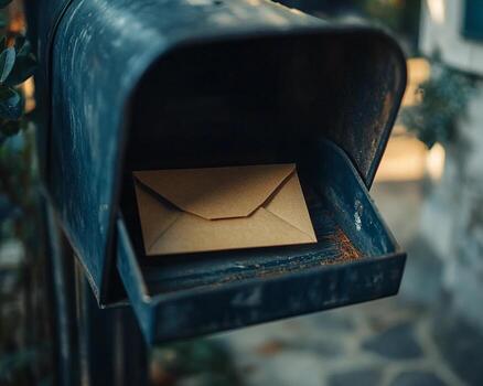 Rustic open mailbox with a single vintage envelope illuminated by soft golden sunlight photo