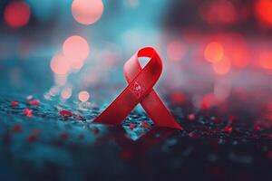 Red ribbon symbolizing awareness and support for HIV AIDS displayed in an bokeh background photo