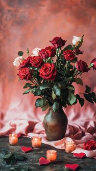 Red roses in a vase with candles on a table photo