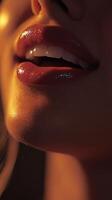 A close up of a woman's lips with a bright red lipstick photo