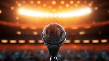 Microphone on stage with bright lights photo