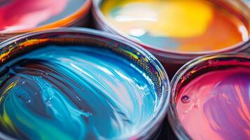 Paint cans with different colors of paint photo