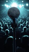 A microphone is in front of a crowd photo