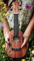 Woman holding ukulele in field of flowers photo