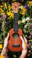 A person holding a ukulele in a field of flowers photo