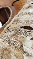 A close up of a sheet of music and a violin photo