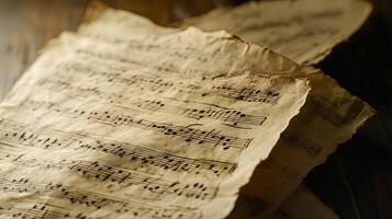 Old sheet music on a wooden table photo