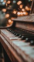 A piano is shown with lights in the background photo