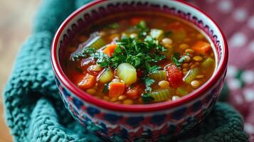 A bowl of soup with carrots, beans and parsley photo