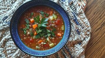 A bowl of soup with vegetables and herbs on a table photo