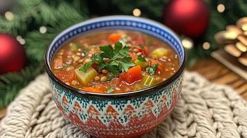 A bowl of soup with vegetables and herbs on a table photo