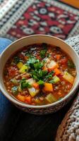 A bowl of soup sitting on a table photo