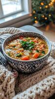 A bowl of soup sitting on a blanket photo