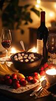 A table with a bowl of strawberries and bananas photo