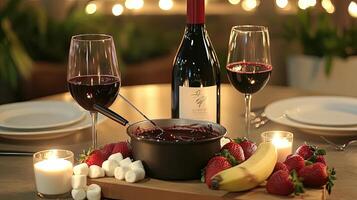 A table with a bottle of wine and two glasses of wine photo