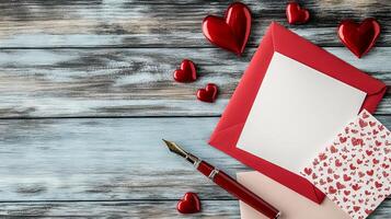 Valentine's day concept with red hearts and envelope on wooden background photo