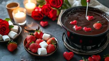 A chocolate fondue with strawberries and marshmallows photo