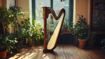 A harp sits in a room with plants and potted plants photo