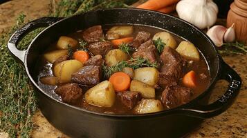 A pot of stew with carrots and potatoes photo