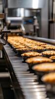 A conveyor belt with many pies on it photo