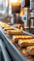 A conveyor belt with several pastries on it photo