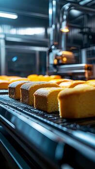 A conveyor belt with cakes on it photo