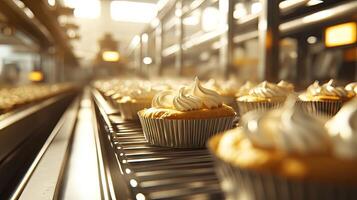 Cupcakes on Conveyor Belt Industrial Baking Process photo