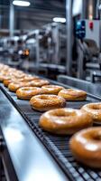 A conveyor belt with a line of bagels photo