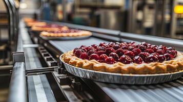 Cherry Pies on a Conveyor Belt in a Modern Bakery photo