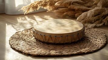 Rustic Wooden Drum on Woven Mat - A Warm and Simple Aesthetic photo