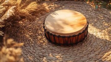 Wooden Drum on Woven Mat - Rhythmic and Rustic photo