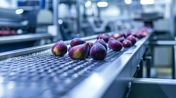 Fresh Figs on a Conveyor Belt in a Modern Food Processing Plant photo