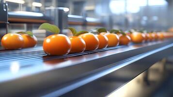 Fresh Oranges on a Modern Industrial Conveyor Belt photo