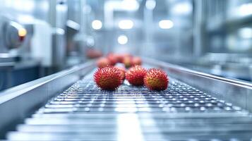 Red Fruits on a Conveyor Belt in a Modern Food Processing Facility photo