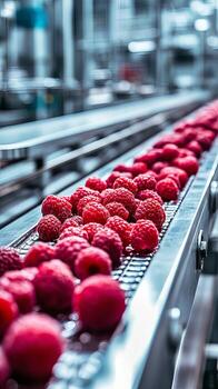 Fresh Raspberries on a Conveyor Belt in a Modern Food Processing Plant photo