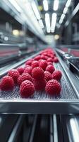 Fresh Raspberries on a Modern Conveyor Belt in Food Processing Facility photo