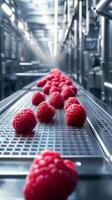 Fresh Raspberries on a Conveyor Belt in a Modern Food Factory photo