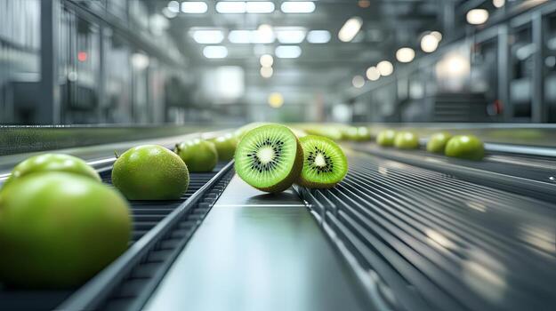 Fresh Kiwi Fruits on a Conveyor Belt in a Modern Food Processing Plant photo
