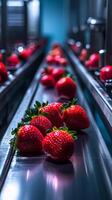 Fresh Strawberries on a Conveyor Belt in a Modern Food Processing Facility photo